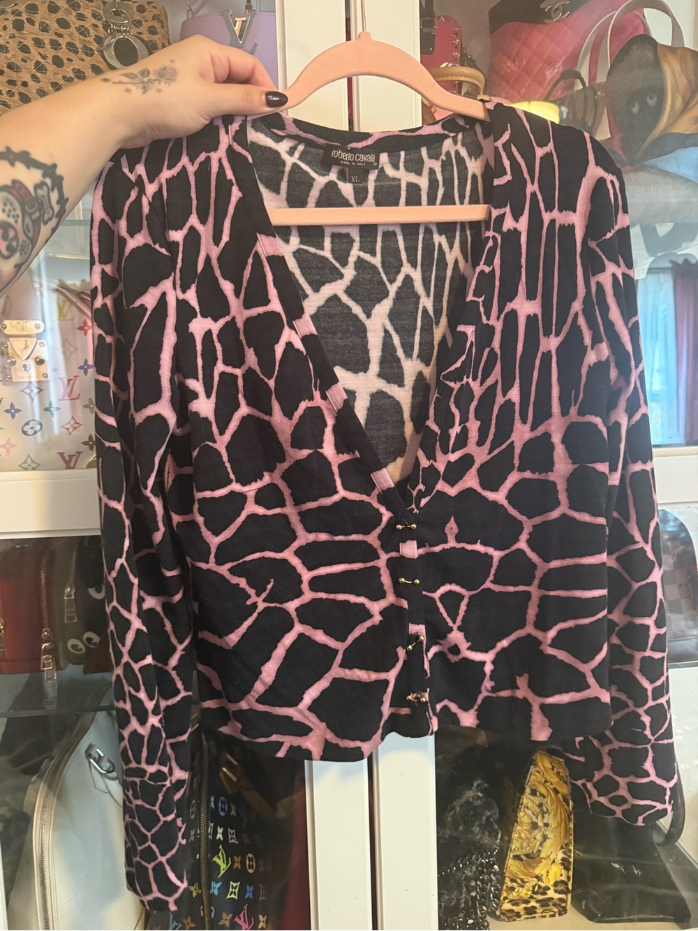 Roberto Cavalli Black & Pink Animal Print Knit Cardigan